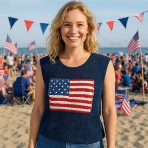 Blu Pepper‎ Navy Crochet Knit American Flag Tank Festival Rodeo Country S